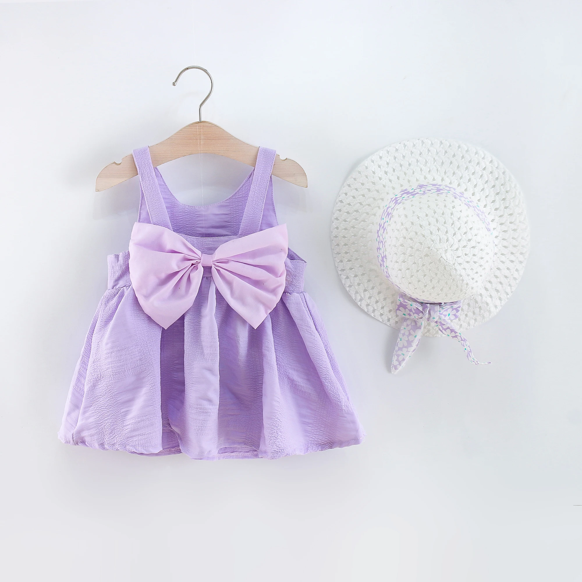 Summer New Girl Baby Dress Two Piece Set with Hat Bow Solid Color Hanging Strap Open Back Sweet Princess Dress