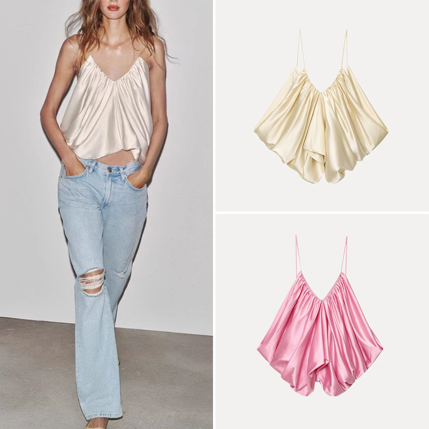 Nowa kolekcja damska na lato 2025: elegancka bluzka z plisami, wykonana z jedwabiu satynowego, idealna do pracy, luźny krój, długość do kolan, czysty kolor.