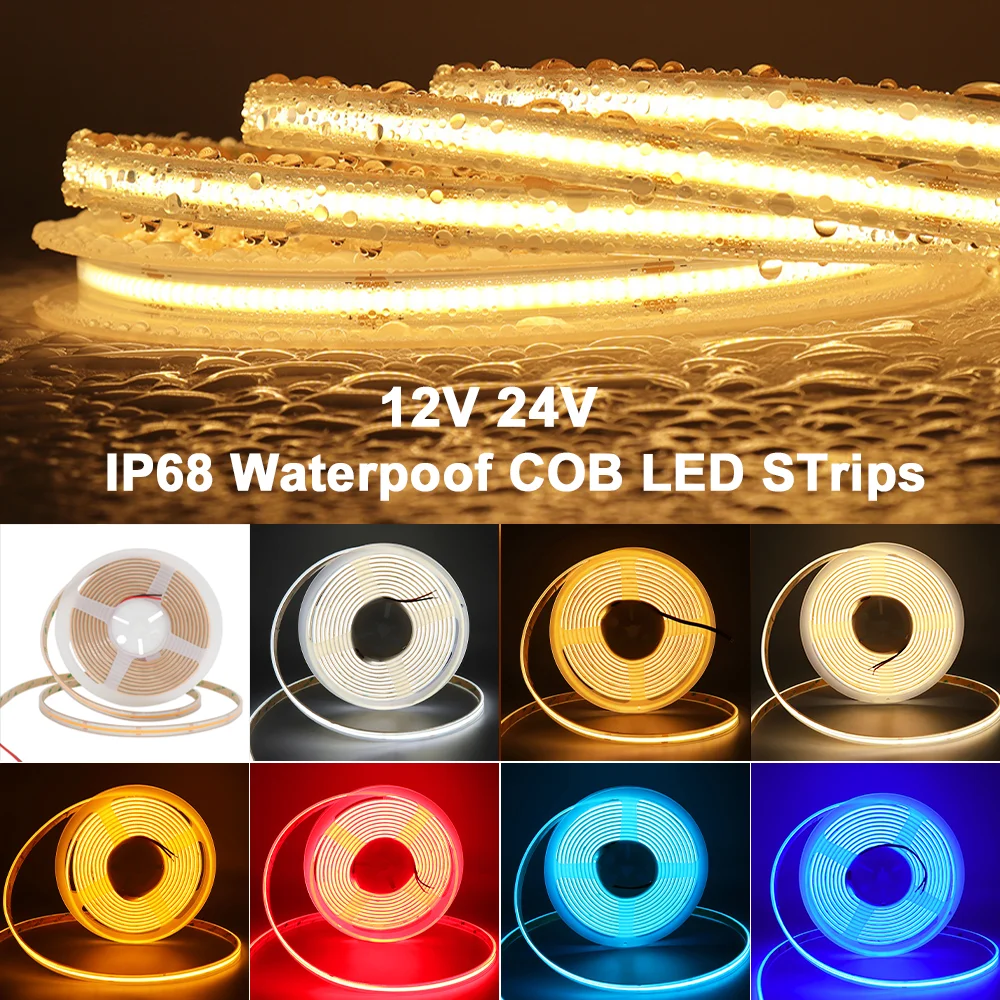 

IP68 Waterproof COB LED Strip 12V 24V 480 LEDs/m LED Lights Tape Red Blue Yellow White Color Led Strips for Outdoor Decor Lights