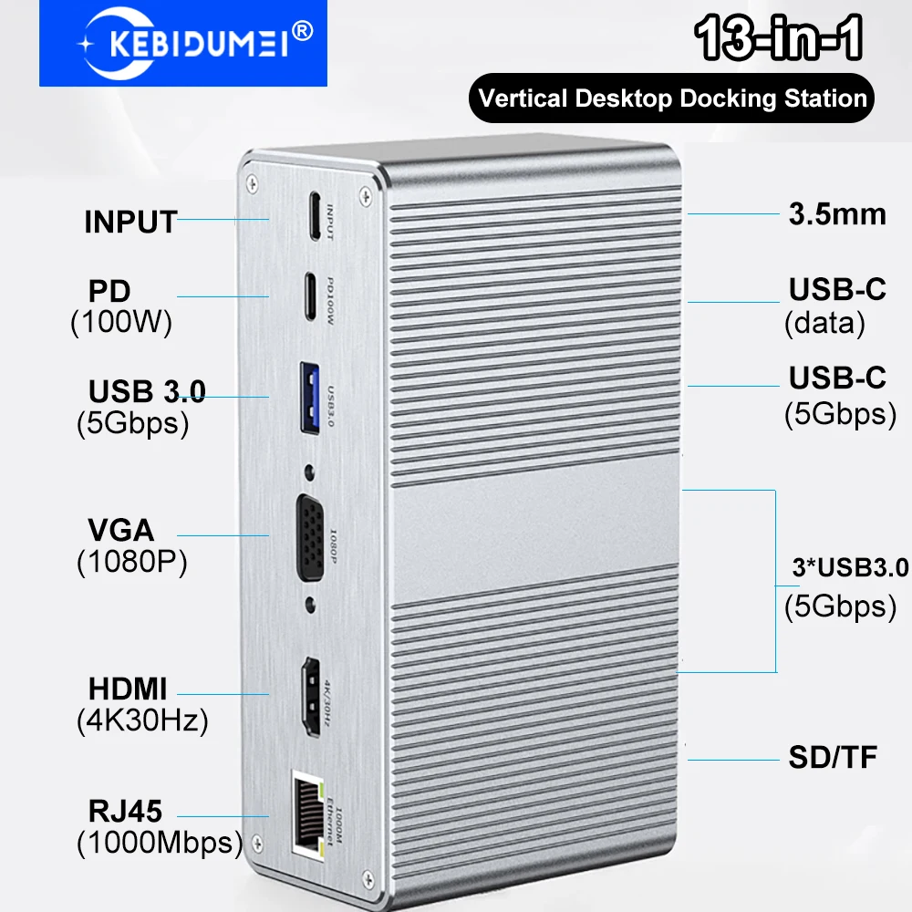 

13-in-1 Vertical Hub Desktop USB C Docking Station TYPE-C Splitter to HDMI 4K/Gigabit Ethernet/VGA/PD100W/USB3.0 for PC Laptop