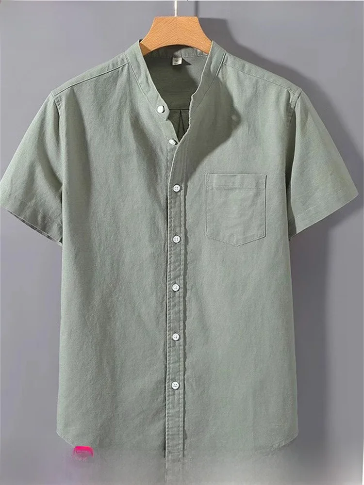 

Hengyuanxiang Men's Cotton Linen Short Sleeve Shirt Casual Pure Color Summer Top Loose Fit Youthful Style Button Detail