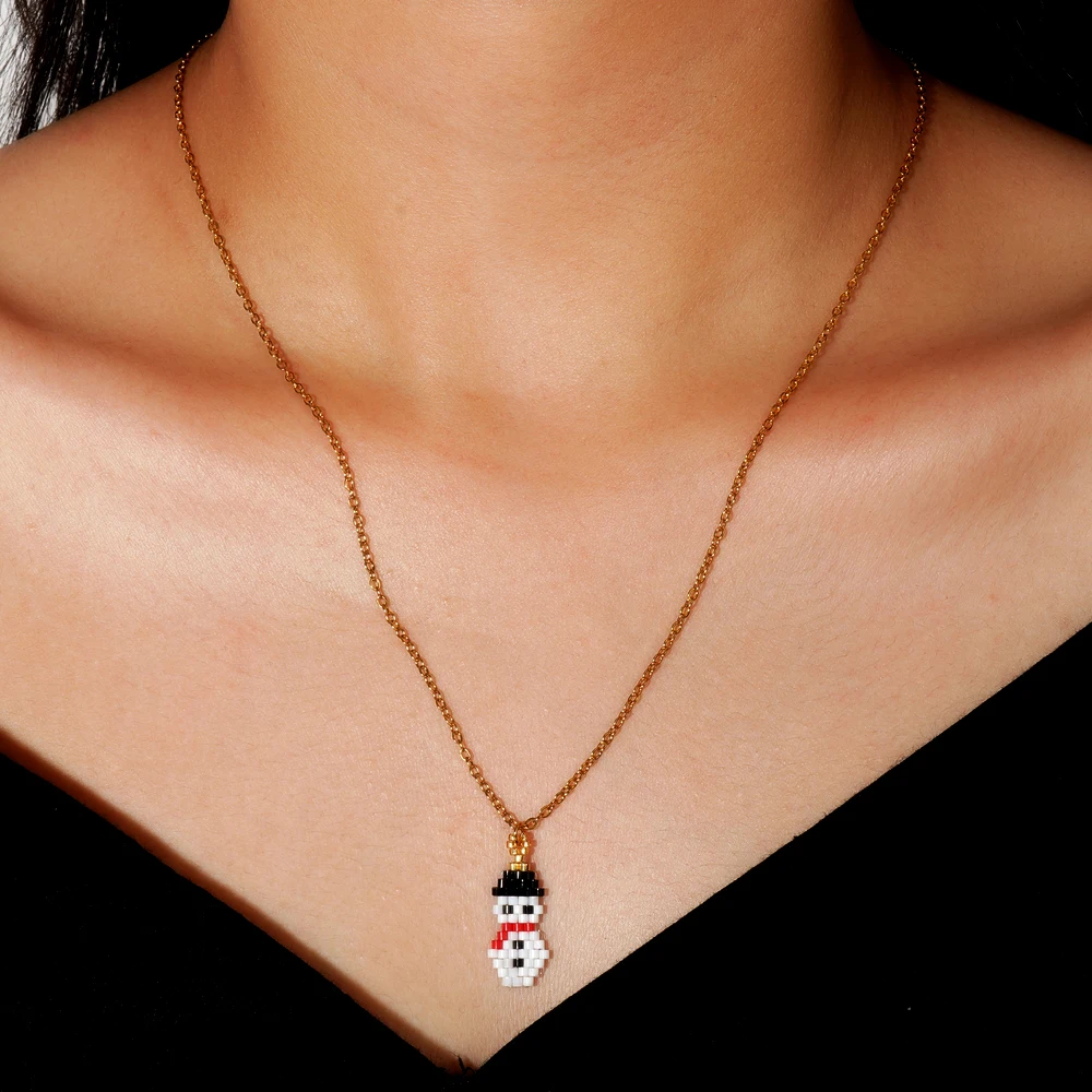 حبات أرز رياح عيد الميلاد المصنوعة يدويًا ، نمط رجل الثلج ، سلسلة O من الفولاذ المقاوم للصدأ ، قلادة عيد الميلاد ، 1 *