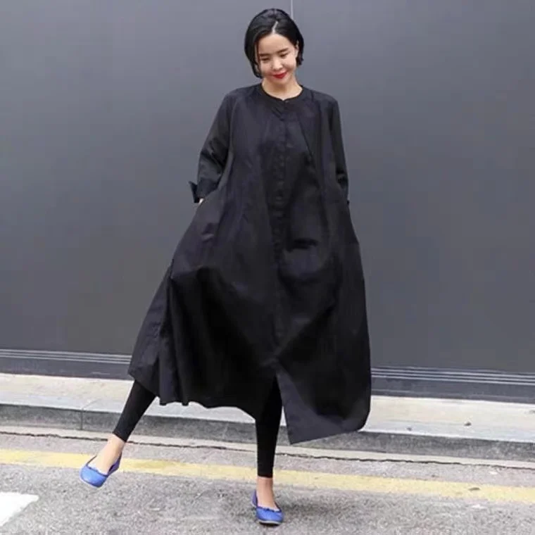 Vestido Csa Solto Estilo Coreano Longo Acima do Joelho Casual Emaecedor Camada Base de Aodão Primavera Outono Saia Eva...