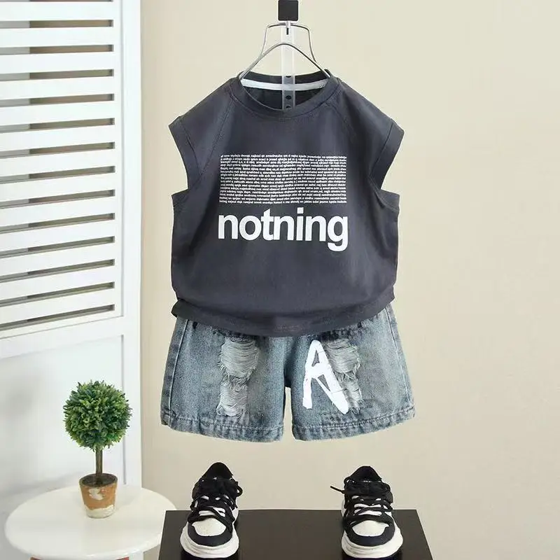 Fashion Boys Summer Clothes Letter Sleeveless Shirt Jeans Short 2 PCS New Kids Fashion Boutique Set Children Casual Sport Outfit