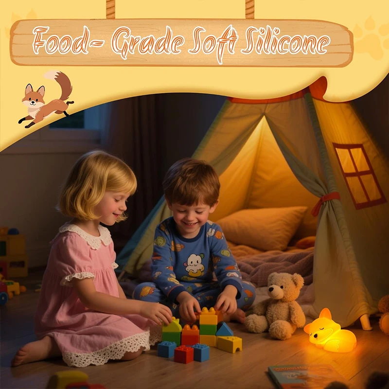 Fox Night Light, Cute Silicone Nightlight Gifts for Kids, Animal Lights with Touch Control, Timer and USB Rechargeable
