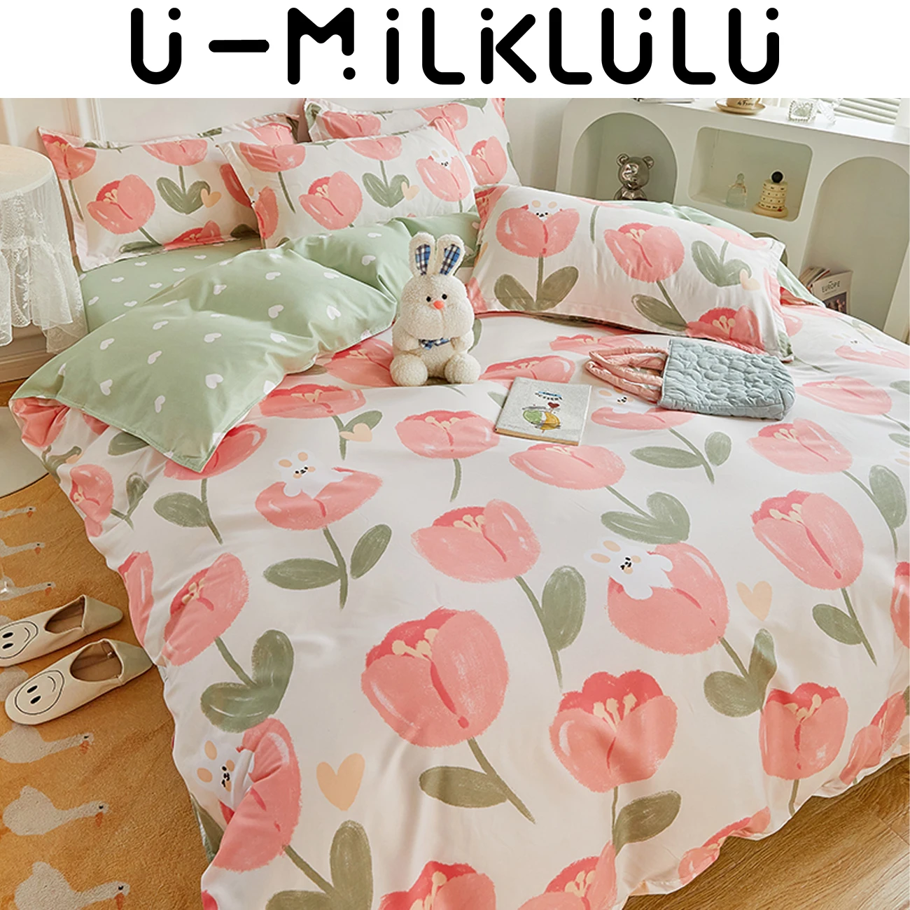 

Pink Flower AB Double-sided Bedding Set, Green Round Dot Bed Comforter, Duvet Set, King and Queen Size, Pillowcase, Cotton Beds