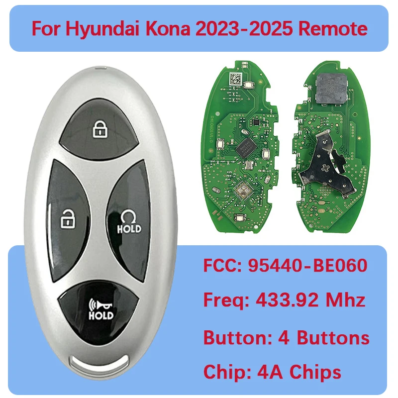 

CN020338 Запасной смарт-ключ с 4 кнопками, чип 4A, 434 МГц, FCC 95440-BE060 TQ8-FOB-4F61M43 для Hyundai Kona 2024