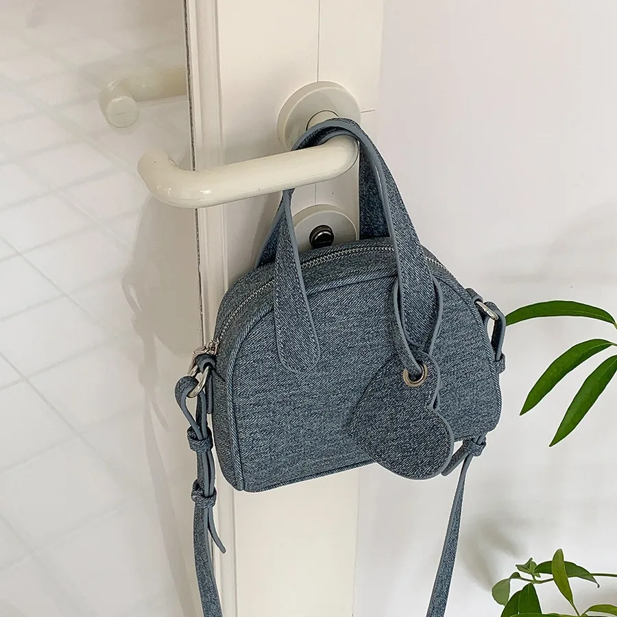 

Kpop imitation denim women handbag small Bowling bag Trend Designer female shoulder messenger bag PU Leather ladies totes blue