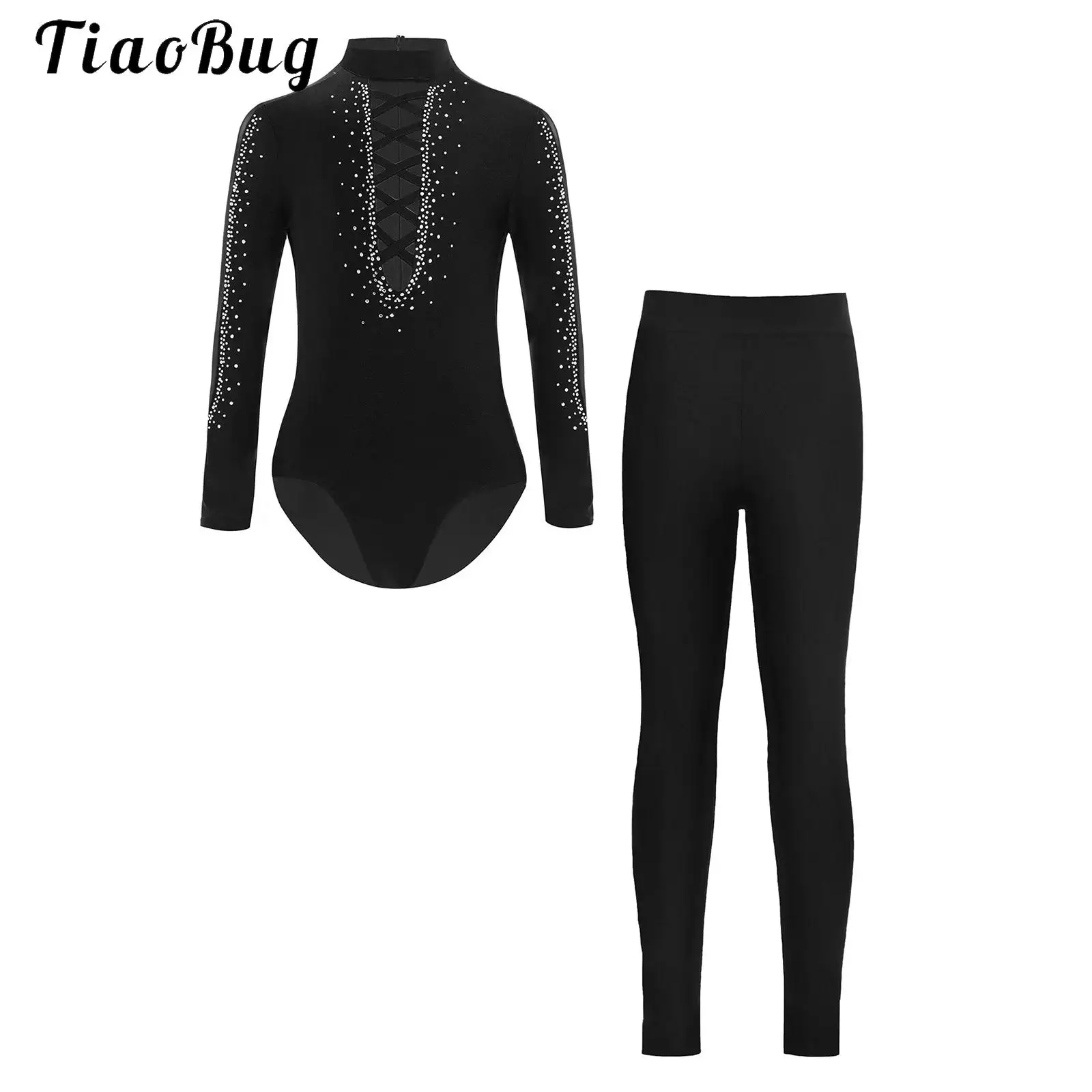 

Kids Boys Competition Long Sleeve Jumpsuit Rhinestones Figure Skating Gymnastics Performance Leotard Bodysuit with Legging Set
