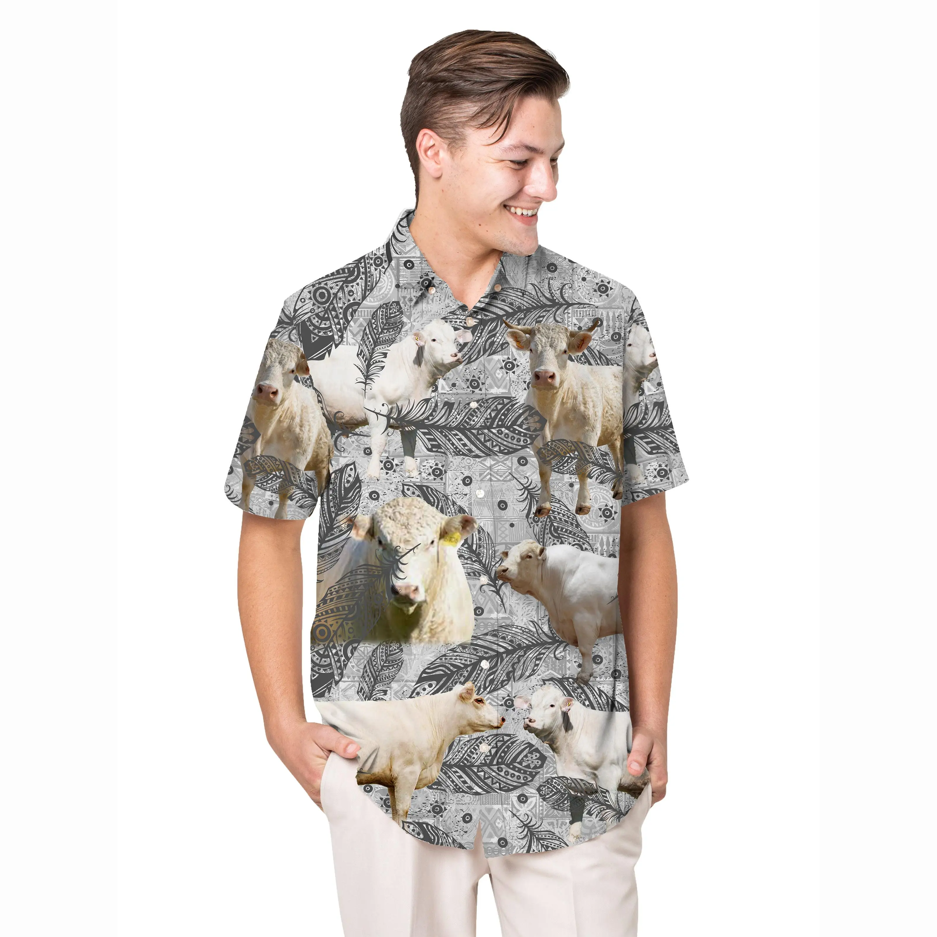 Jumeast Charolais Cattle Pattern Short Sleeve Hawaiian Shirt Farm Life Polyester Aloha Shirts Leaves Baggy Casual Man Clothing