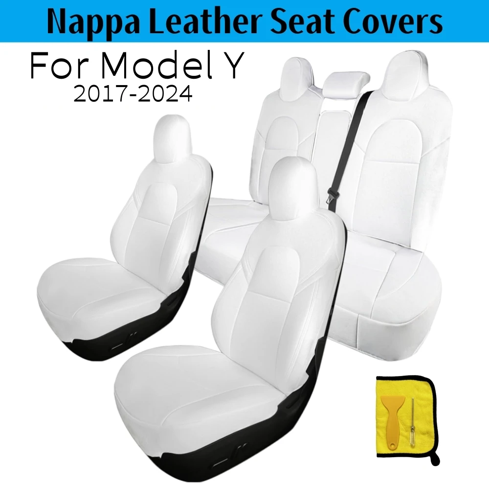 For Tesla Model Y Seat Covers 2017-2024 Nappa Leather Seat Cover Cushion Protector Cover All Weather Anti-dirty Pad White