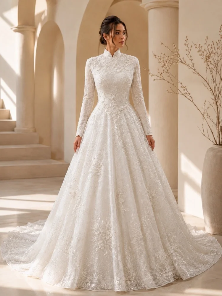 Custom Long Sleeve 3D Floral Lace Ball Gown Wedding Dress Sparkly Tulle Chapel Train Modest Bridal Gown Vestido De Novia view 2
