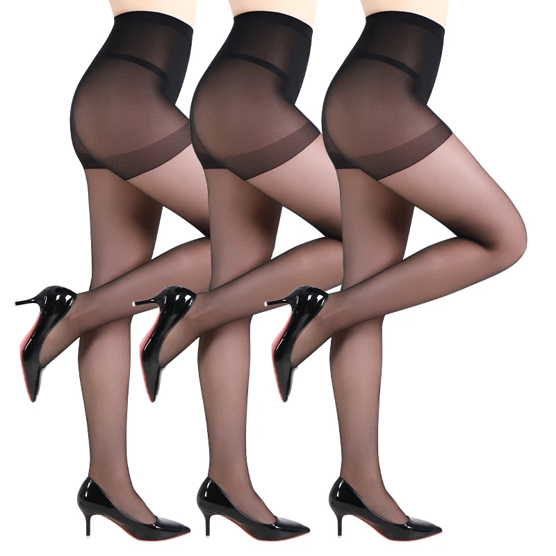 Kave 3 pares feminino sexy ultra fino 20d sheer collants controle superior meia-calça com dedos reforçados cor sólida meia-calça de cintura alta