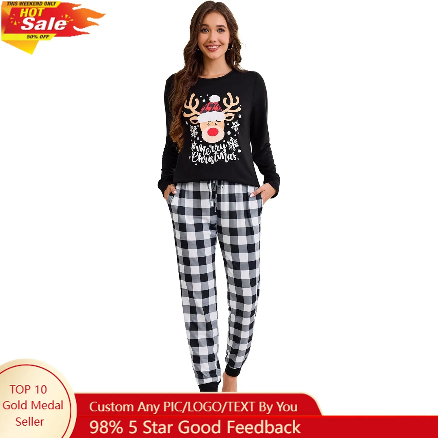 

Womens Christmas Pajamas Soft Long Sleeve Pj Set Round Neck Top Jogger Pants Sleepwear with Pockets