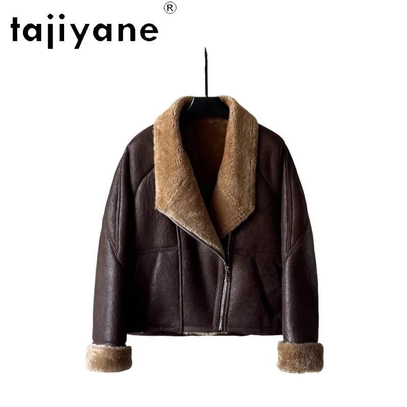 TAJIYANE Merino Sheep Shearling Real Fur Coat Women Lapel Short Overcoat Winter Fur Jacket Warm Short Biker Outerwear Chic Шуба