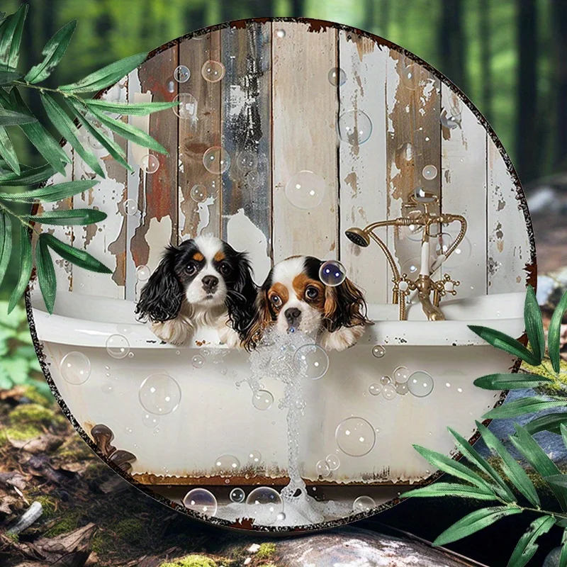 Letrero redondo de aluminio de 8x8 pulgadas, esponjas rústicas de Cavalier King Charles en diseño de bañera, duradero y con protección UV, Ideal para el hogar, 1 ud.