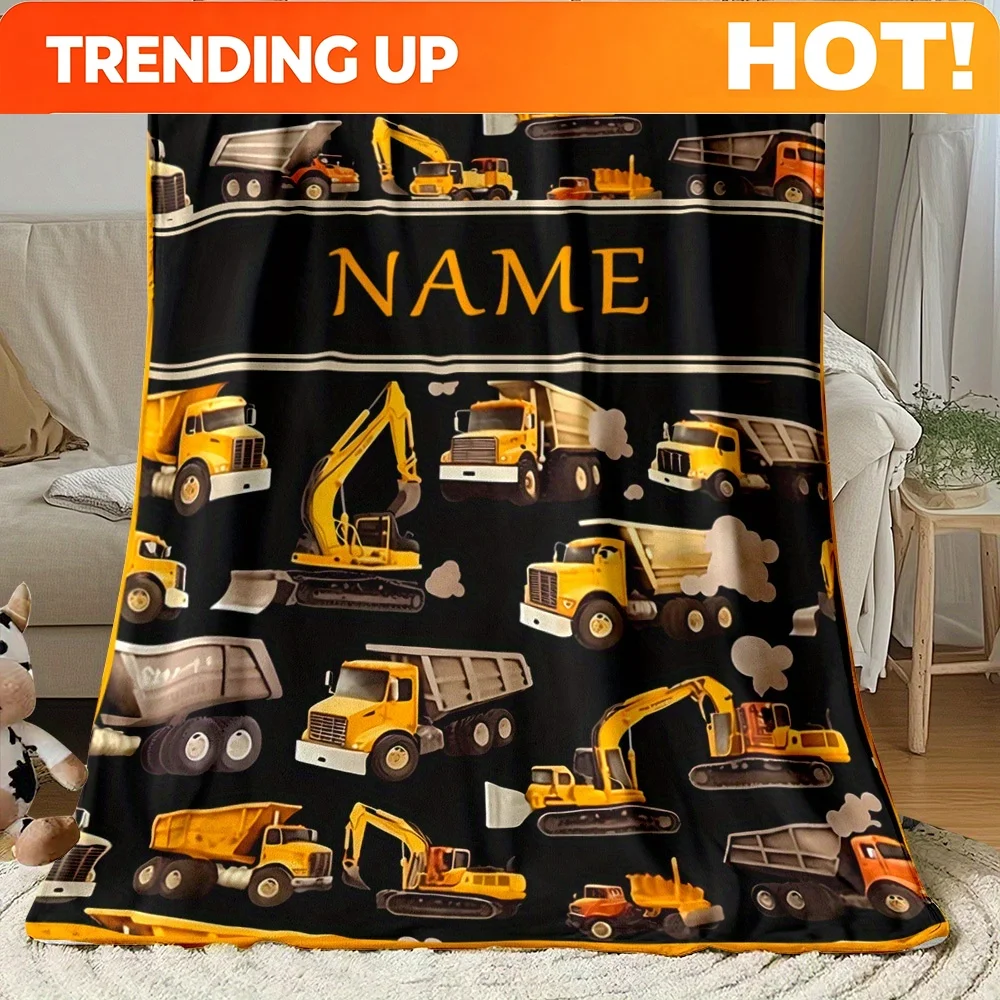 Customize This Custom Single-piece Blanket Features a Construction Vehicle Theme, Making It Perfect for Personalized Name Custom