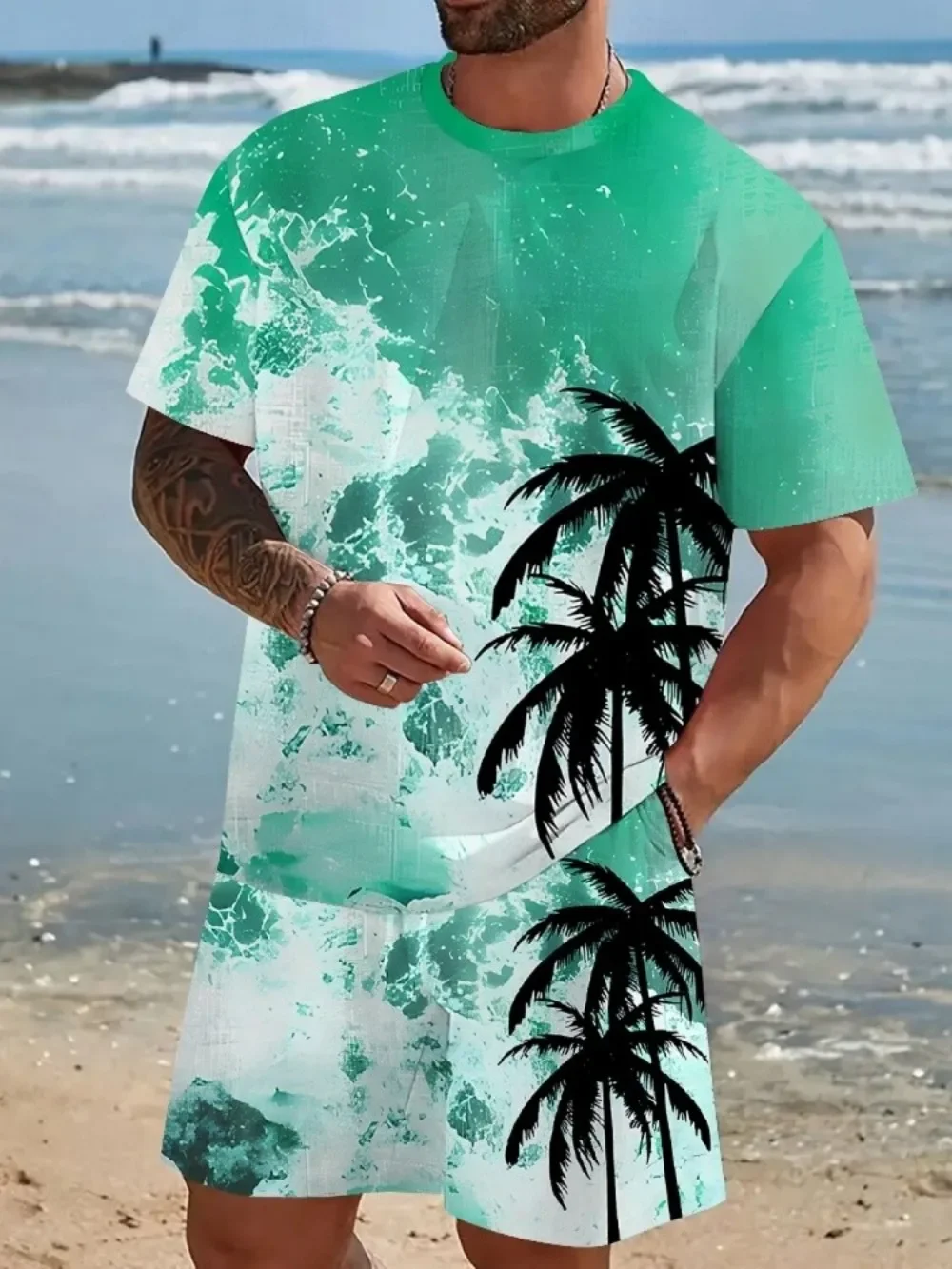

Men's plus-size crew neck T-shirt andshorts setfeaturing a coconut gradient printsoft and breathablesuitable foroutdoor leisure.