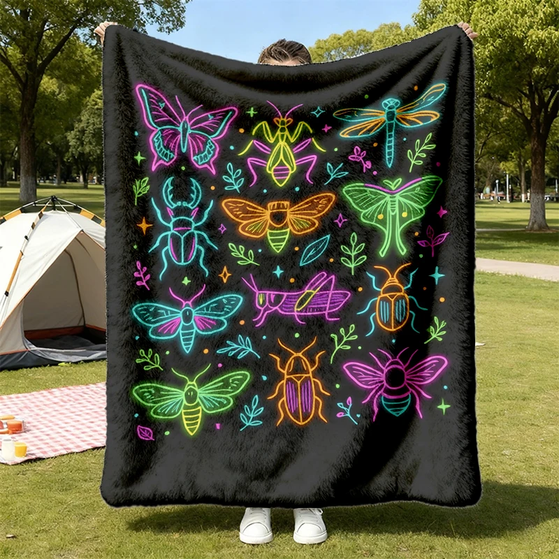 Insect Flannel Throw, Bug Lover Cozy Blanket, Colorful Butterfly Dragonfly Warm Blanket, Bug Birthday Soft Blanket, Ento