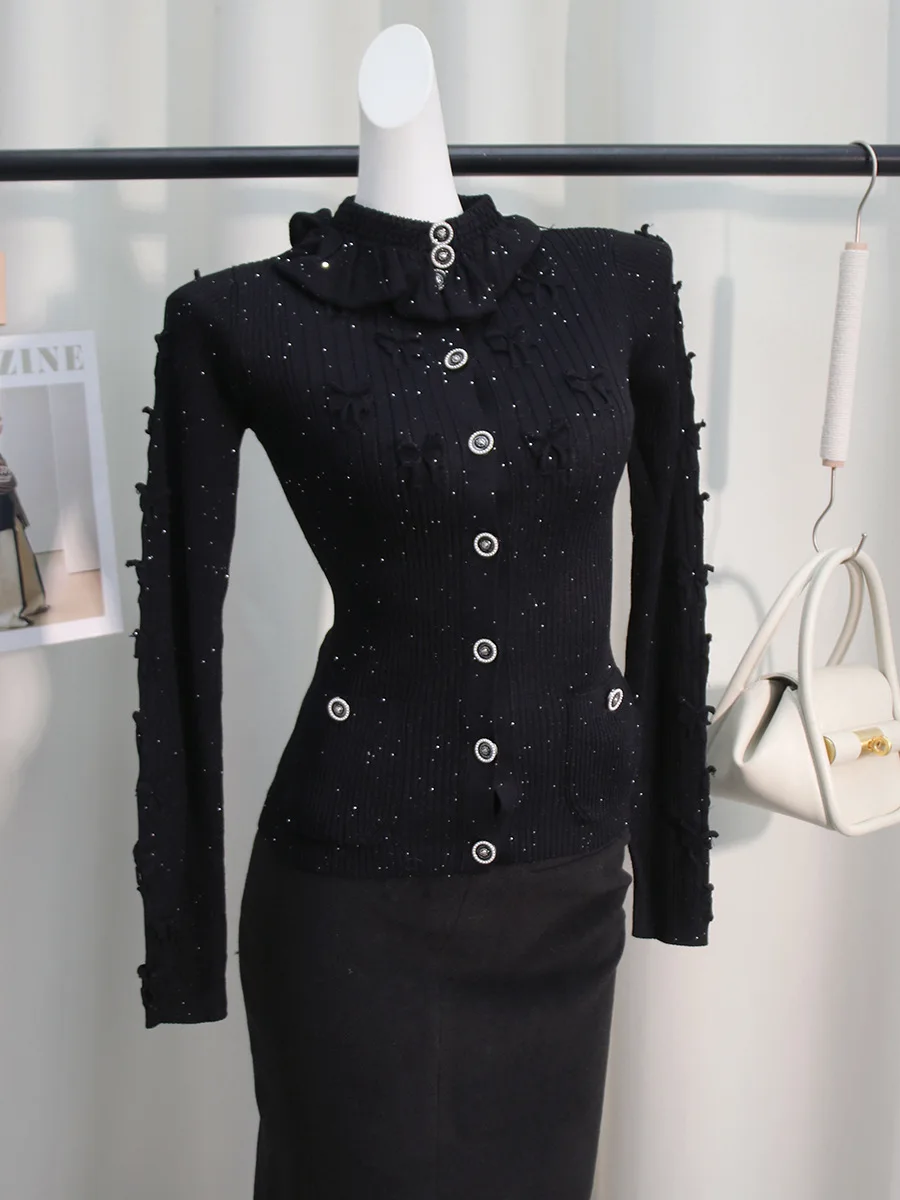 

Вязаный кардиган с открытыми рукавами для женщин, модный дизайн с узлами, съемный блестящий воротник