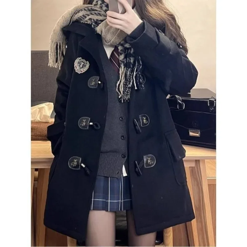 

Korean Fashion Long Coat Women Preppy Style Vintage Oversize Black Jacket Autumn Winter College Wool Blends Streetwear