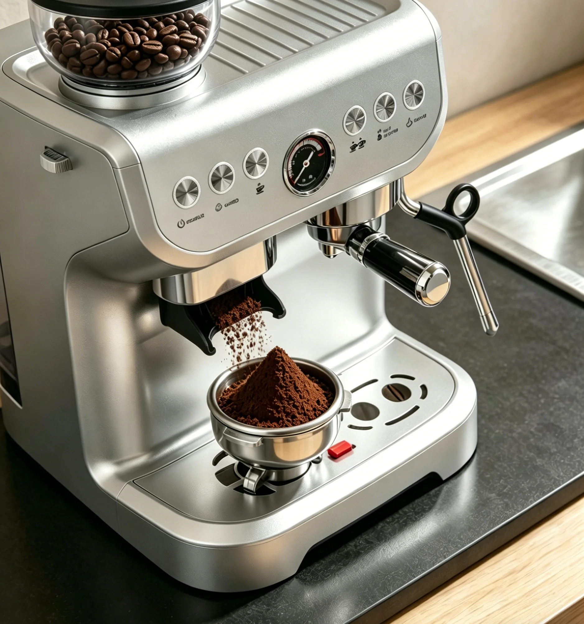 Semi-automatic espresso machine with adjustable grinder and frother, with hot water system to brew coffee beans directly into co