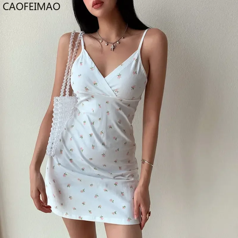 V-Neck Y2k Vintage Floral Cross Camis Dress Women Slim Sleeveless Summer Sexy Cute Backless Patry Black Mini Dresses Lady Cloth
