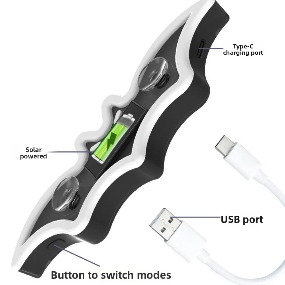 Solar Powered Car Ambient Light Bat Shaped Dynamic Display Rear Windshield Light Multicolor LED Type-C Charging LED Ghost Light