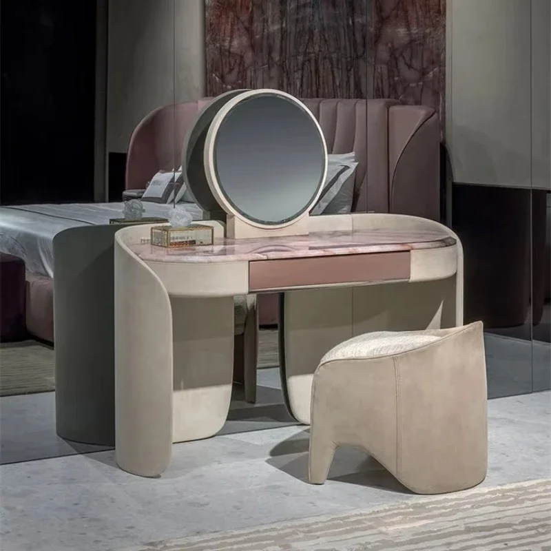 

Luxury wooden bedroom dresser: pink marble - beautifully patterned with standing mirror and stool