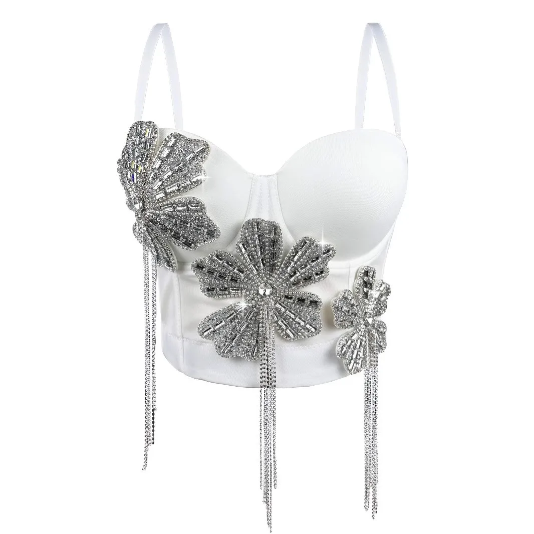 Prom Dress Strapless Rhinestone Embellished Corset 3d Floral Applique Cropped Black Crop Top Western Style Sparkly Bustier
