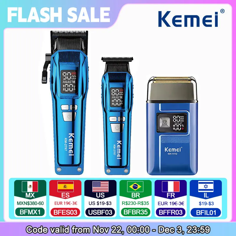 Kemei Trimmer KM-2797 Rechargeable Electric Hair Clippers Set LCD Shaver KM-1112 Dry And Wet Shaving Machine Cordless Kit