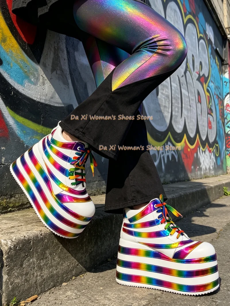 White Rainbow Holographic Platform Sneakers Super High Layered Chunky Sole High Top Lace‑Up Shoes Rave Festival Cosplay Party