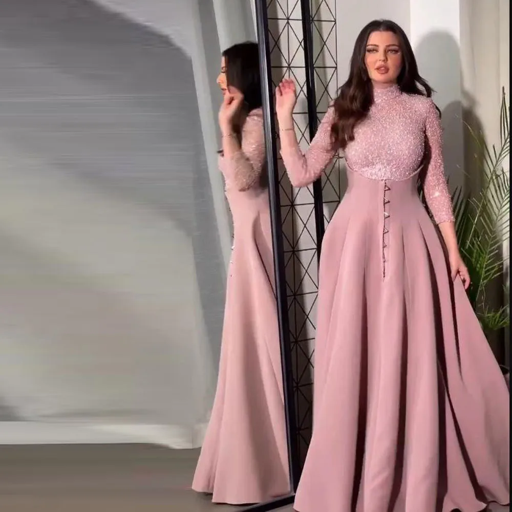 

Customized Evening Dress With Overskirt Beaded Top Satin Prom Gown High Neck 3/4 Sleeve Arabic Dubai Satin Dress for Women