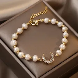 100% Natural Freshwater Pearl Fashion Shiny Crystal Moon 14K Gold Filled Ladies Bracelet Jewelry For Women Valentine's Day Gifts