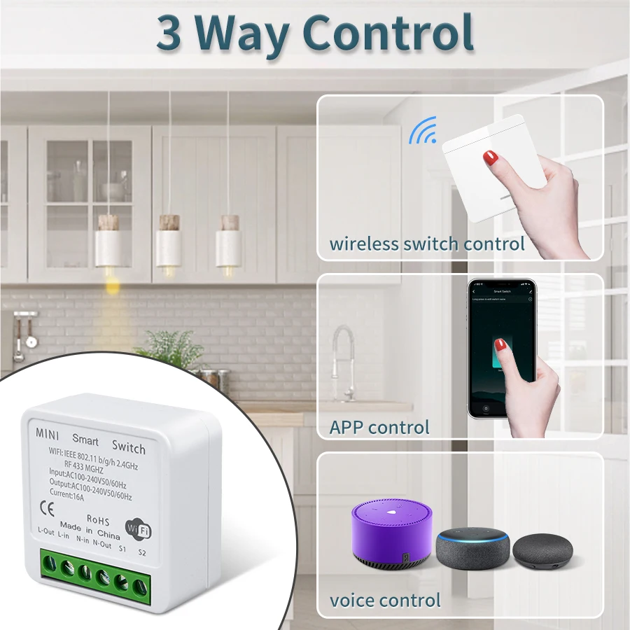 Interruptor inteligente tuya sem fio, 433mhz, 16a, mini receptor de relé, 1/2/3gang, painel de parede, controle de voz, funciona com alexa, google home