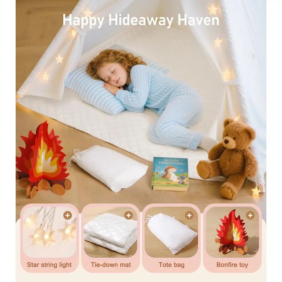 어린이용 접이식 티피 텐트, 휴대용 가방, 배너, 요정 조명, 올리브 가지, 네 개의 기둥 스타일의 원목 포함
