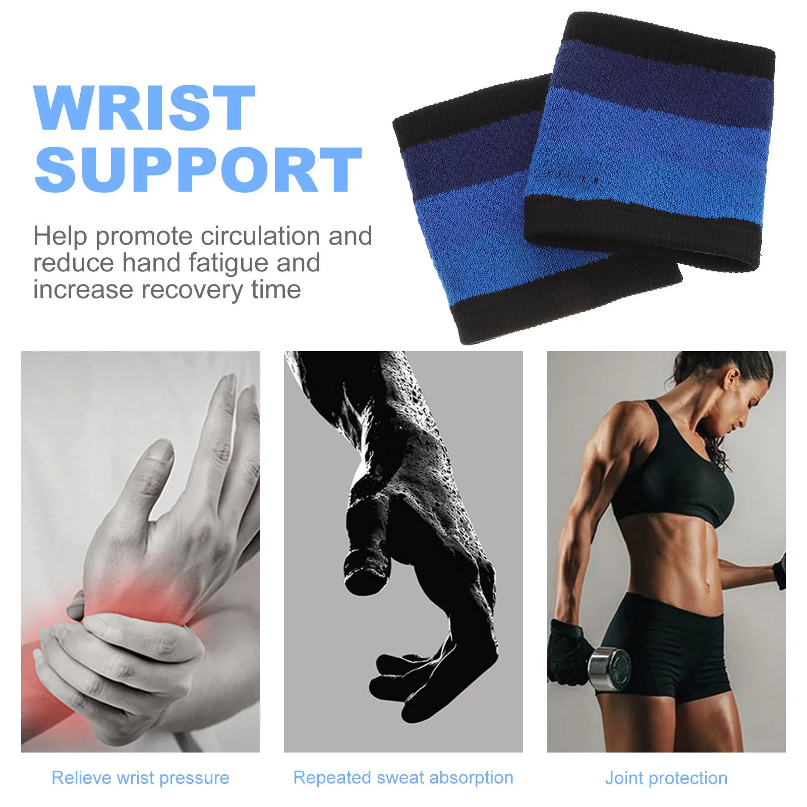 Pair Elastic Sports Wristband Sweat-Absorbent Breathable Fitness Wrist Guard Protective Non-Slip Bands for Blue