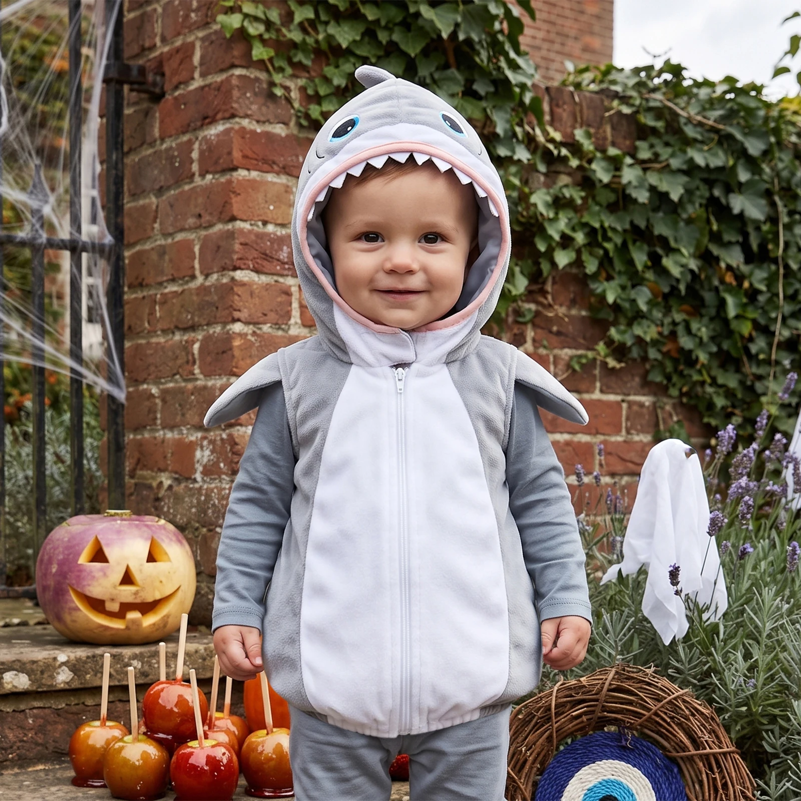 2027 Creative Hooded Shark Jumpsuit Toddler Baby Boy Halloween Shark Costume Cute Toddler Zipper Hooded Vest for Cosplay Winter