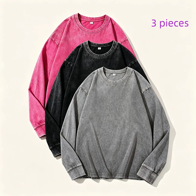 3 Pieces Plus Size Washed Pure Cotton Long Sleeve T-Shirt European Style Oversized Round Neck Big Size for Men And Women