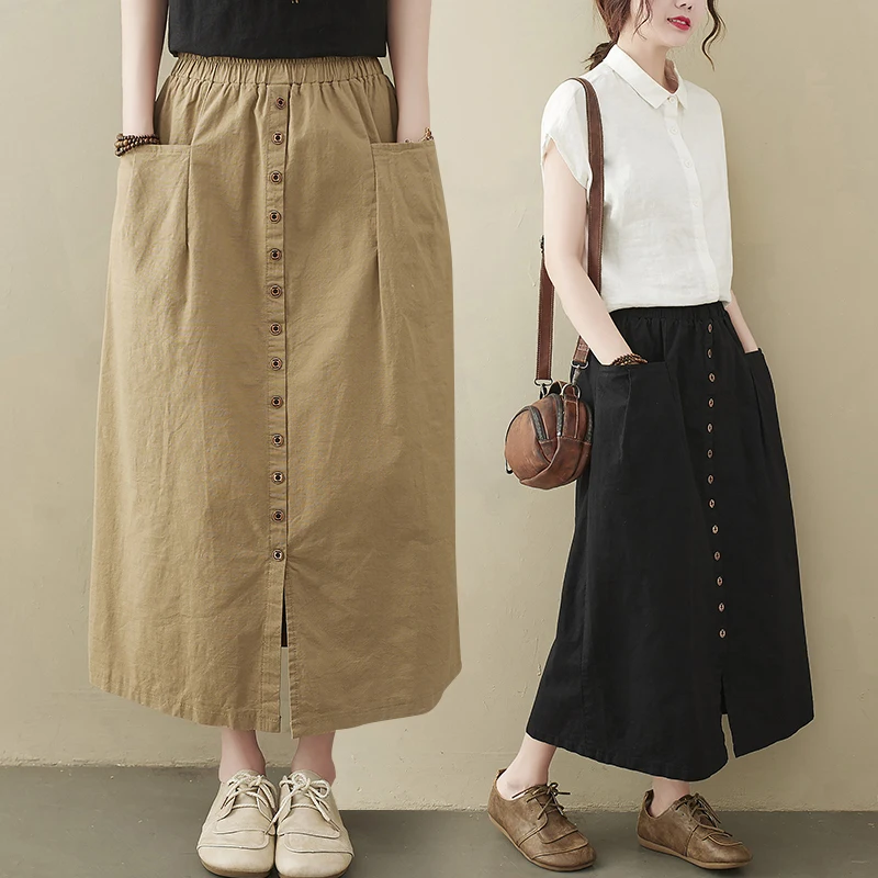 Cotton Linen Women's Midi Skirt High Waist A-Line Single Button Slit Wrap around Skirt Summer New Korean Style Elastic Waist