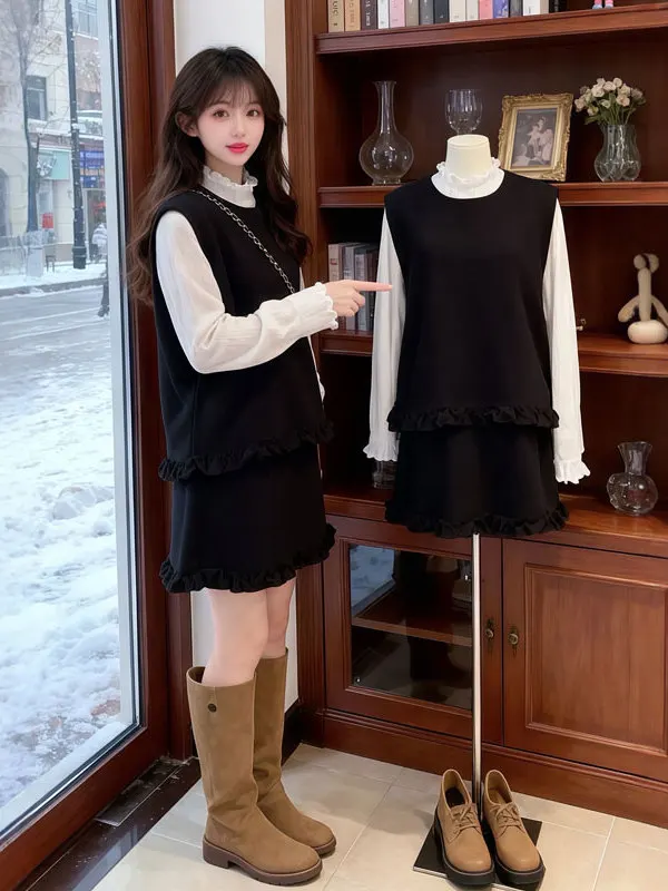 

Korean Sle Faionable Vest Base irt f Skirt Tee Piece Set Autumn Winter Comfortable Breathable Women's Ensemble