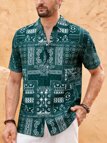 2026 Men's Short Sleeve Shirt Green Spliced Paisley Bandana Print Lapel Shirts Casual Holiday Streetwear Mens Clothing