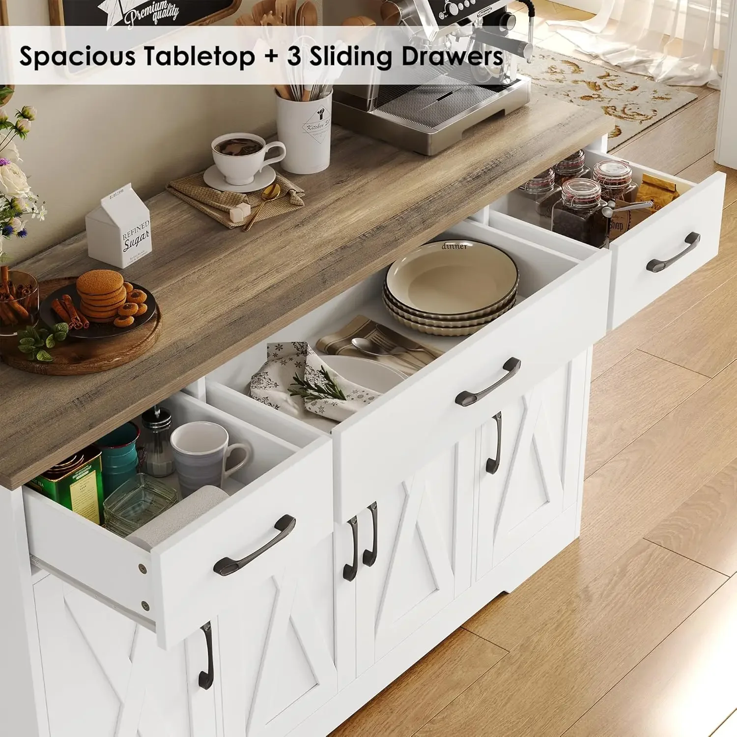 HOSTACK Mueble buffet con cajones, aparador grande de 55 pulgadas, mueble de almacenamiento para buffet con estantes y puertas, café moderno de granja