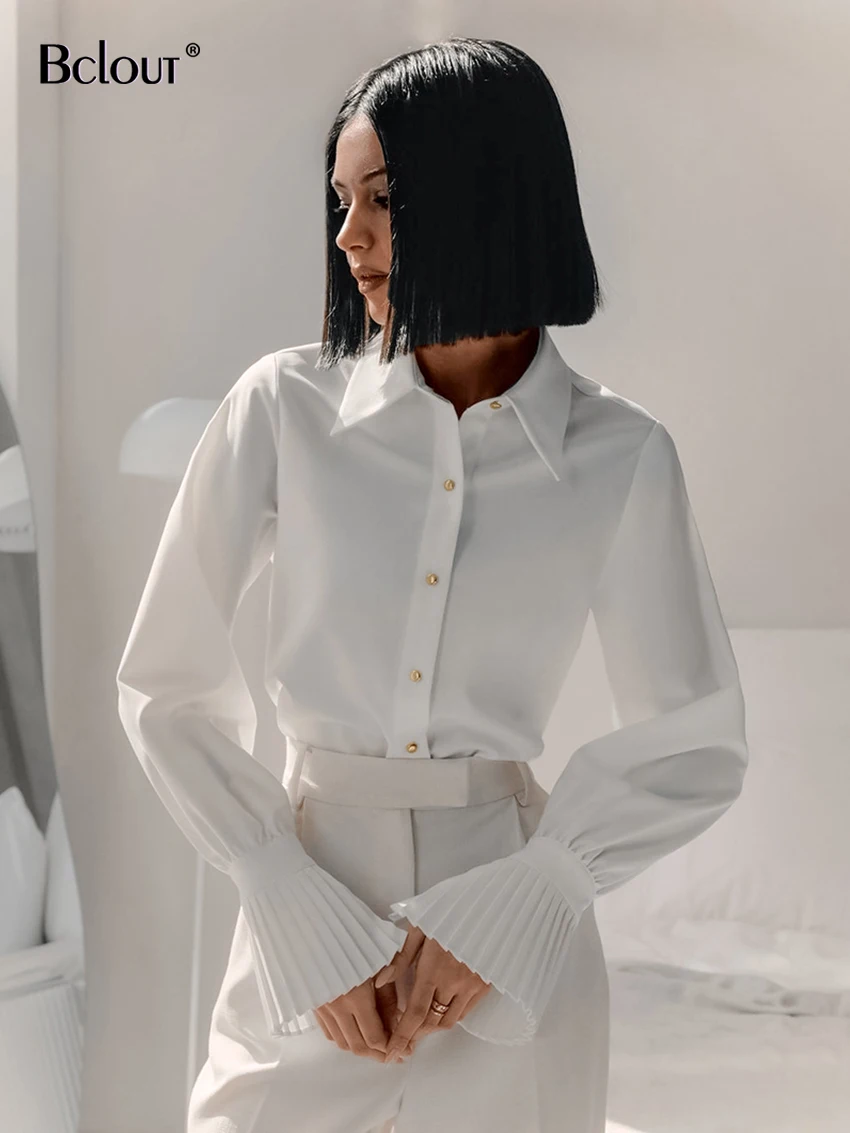 Bclout Vintage White Shirts Blouses Female Fashion Solid Long Sleeve Office Lady Shirts Elegant Pleated Party Blouses Women 2024