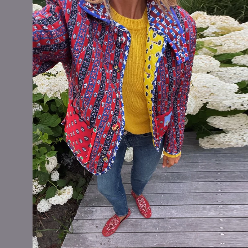 Reversible Jacket Retro Print Color Block Coat Woman Lapel Collar Top Striped Patch Pocket Outerwear Winter Autumn Clothes