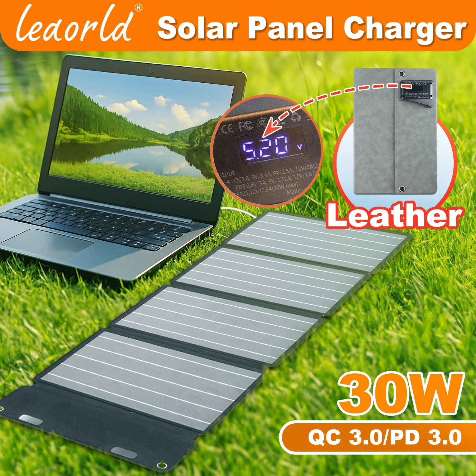 30W Foldable Solar Panel, USB-A and Type-C 20W Current Display Solar Charger. Output DC5521, 35135, 79109, 5525