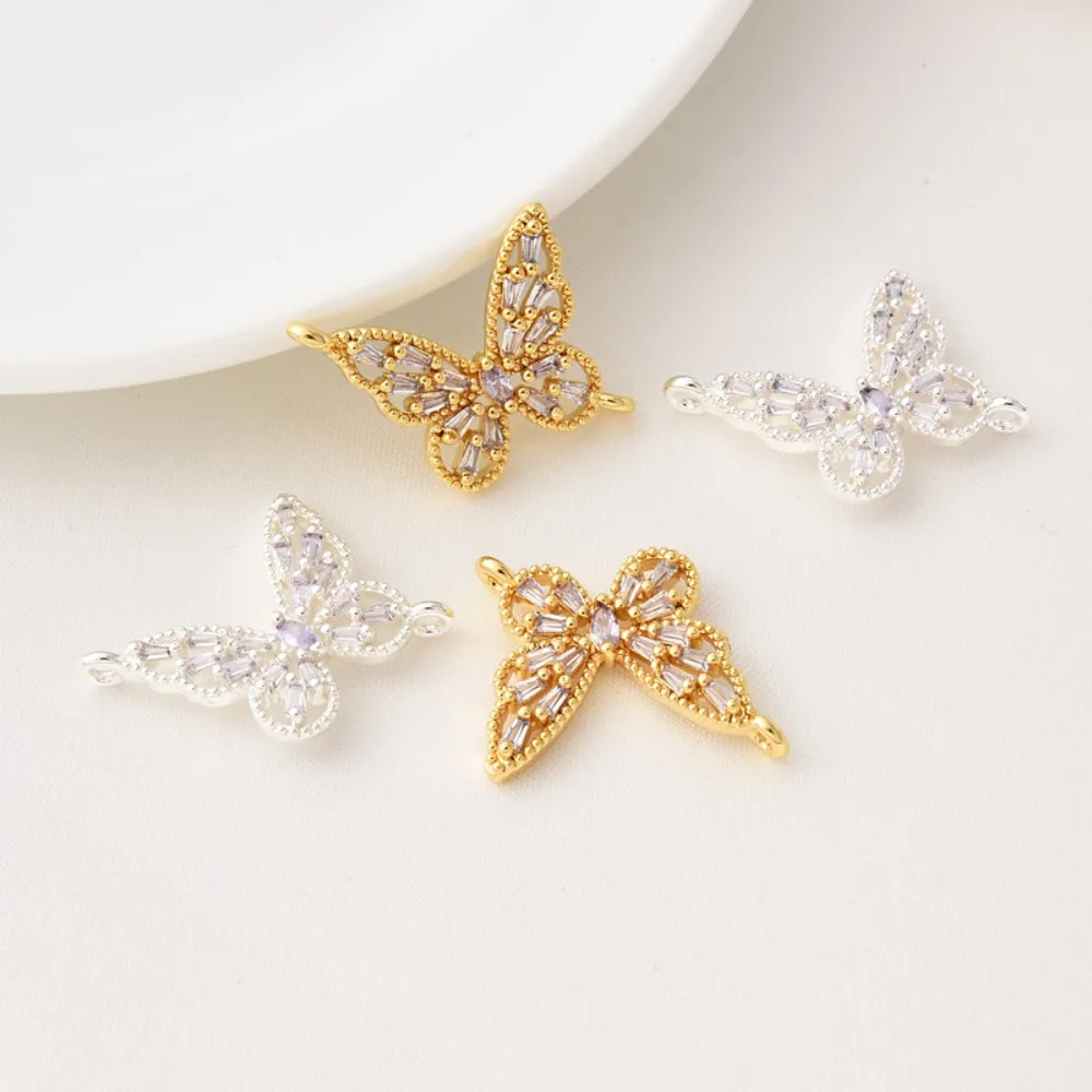 

Copper Plated with 18K Real Gold and Set with Zircon Butterfly Double Pendant, Diy Pearl Necklace Connected To Silver Pendant