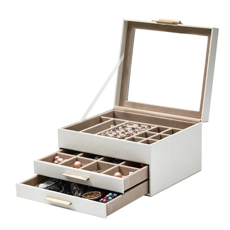 

Jewelry Box 3-Layer Rack Leather Jewelry Organizer，Women Jewelry Boxes with 2 Drawers Large Storage Box for Earrings Necklaces