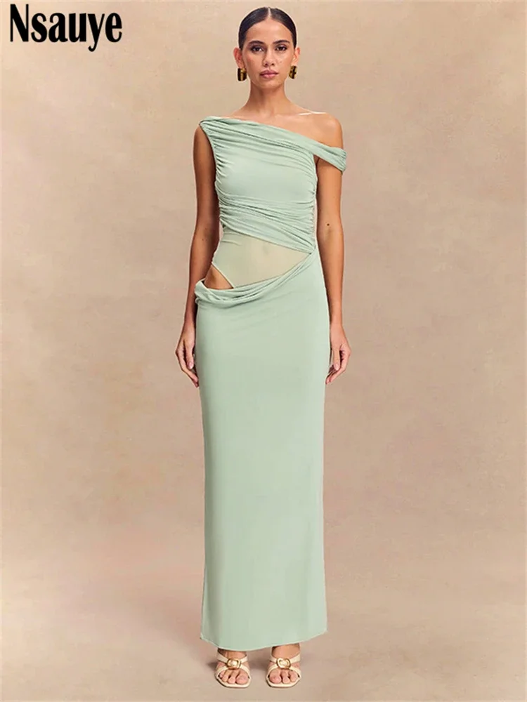 Verão roupas femininas moda elegante clube longo malha fora do ombro maxi bodycon oco para fora vestido sexy vestido de festa à noite