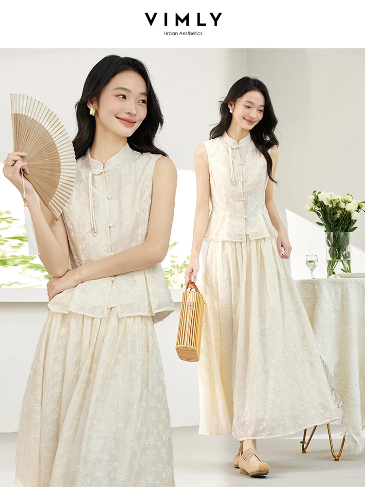 

VIMLY Apricot Elegant Sets Woman Outfits 2025 Summer Embroidery Vest Stand Collar Sleeveless Top A-line Midi Lady Skirts A1919